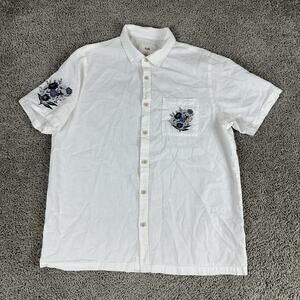 Folk Shirt Mens Medium White Embroidered Floral Short Sleeve Linen Cotton Pocket